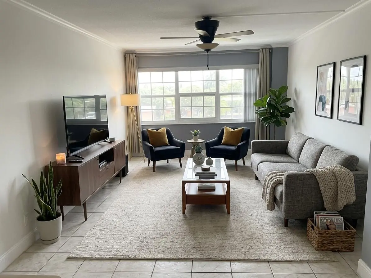 Staged liv room at 2555 NE 11th Street 303, Fort Lauderdale