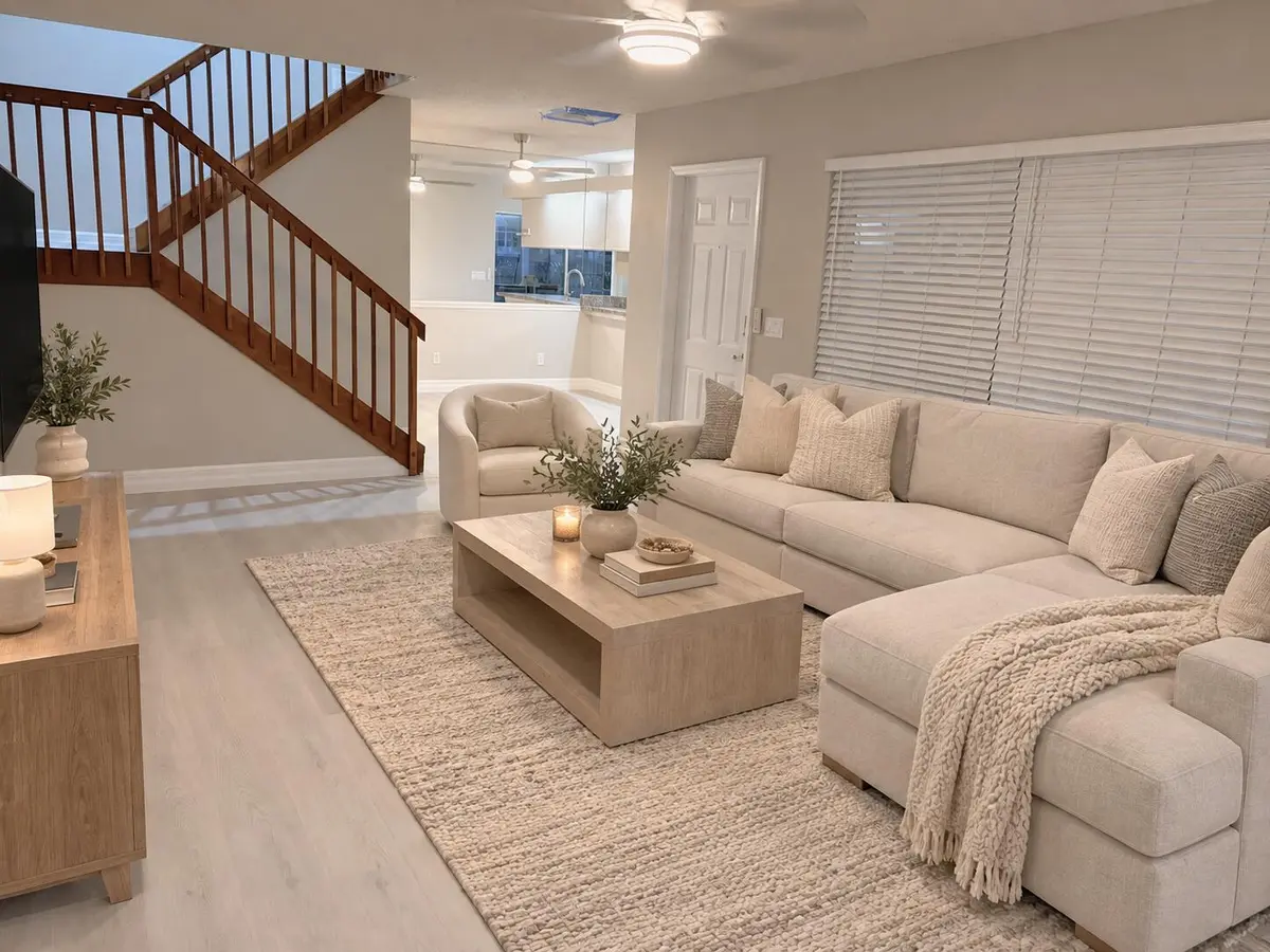 condo living room staged at 5404 Wheatley Court D, Boynton Beach