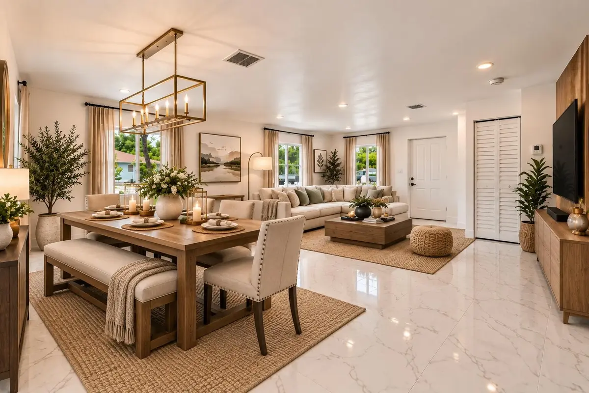 virtual staged living room dinning combo at 182 SW 6 Street, Deerfield Beach