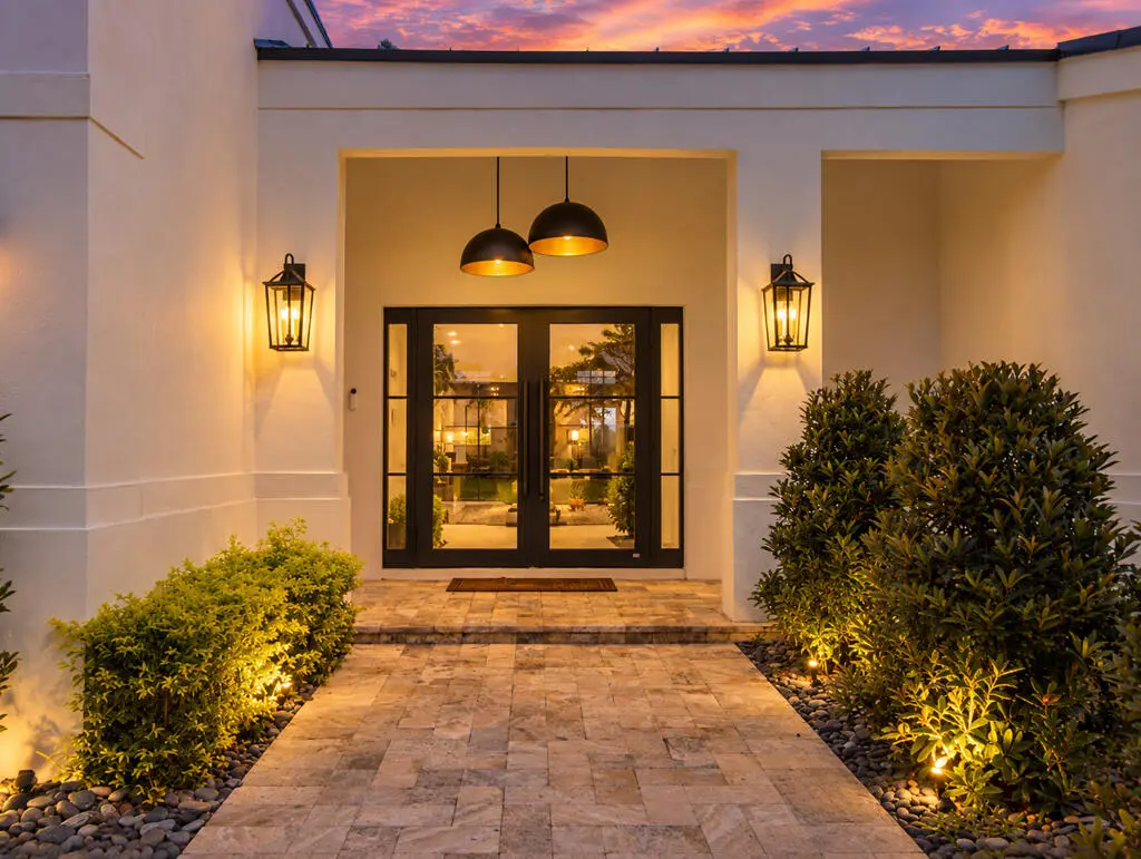 Evening Front Door at 4909 PINEVIEW Circle, Delray Beach