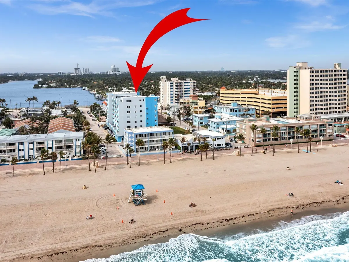 BAKER BUILDING FROM OCEAN WITH ARROW 1 at 320 S Surf Road 402, Hollywood