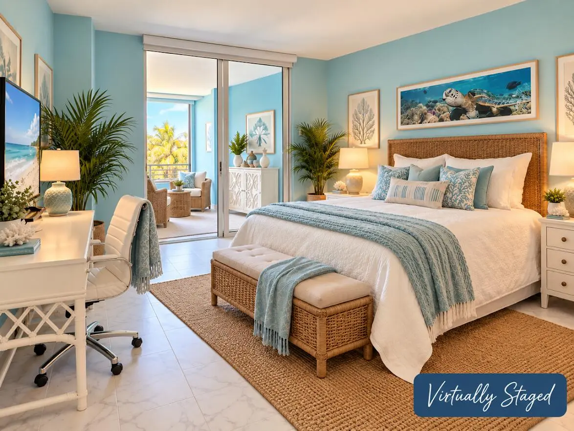 Virtually Staged Master Bedroom at 1357 NE OCEAN Boulevard 304, Stuart