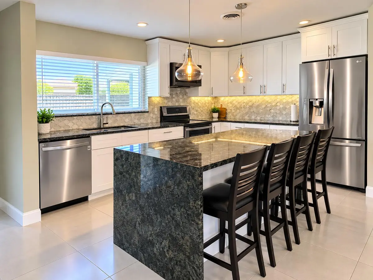Modern Kitchen with Waterfall Island at 266 SW 12TH Street, Boca Raton