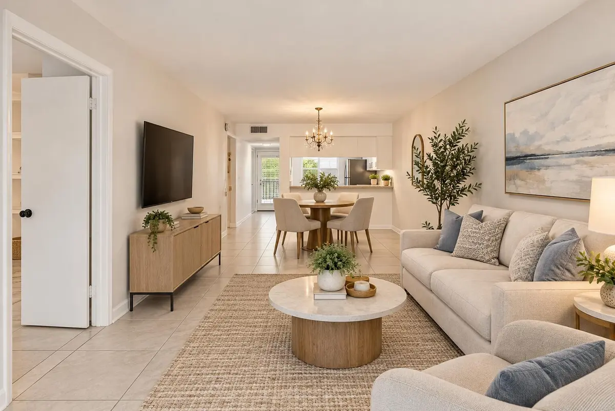 Modern Coastal Open-Plan Living Room at 1204 BAHAMA Bend B2, Coconut Creek