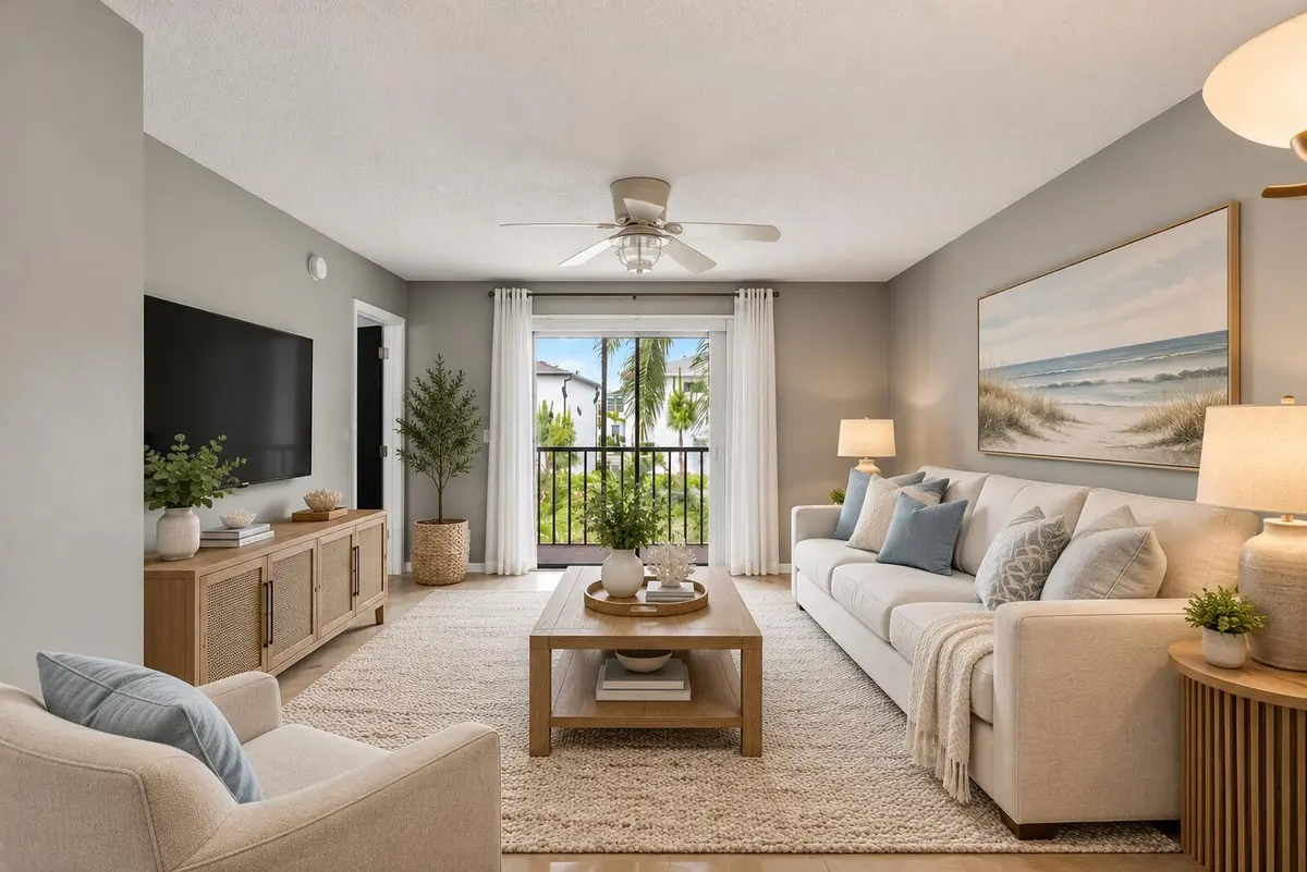 Living room virtually staged at 7245 Golf Colony Court, Greenacres